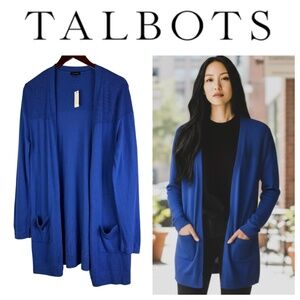 NEW Talbots Open Cardigan Long Sweater Medium Cobalt Royal Blue Pockets Duster